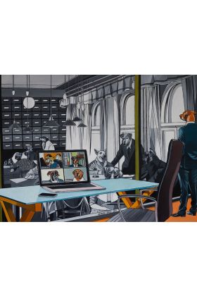 Deborah Sengl, Aus der Serie "Shades of Gray", Büro, 2021, Acryl auf Leinwand, 60 x 80 cm