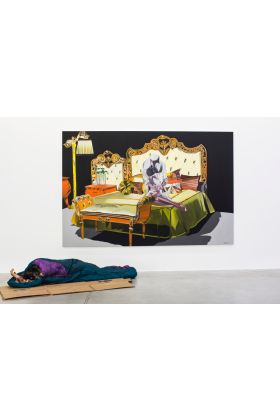 Deborah Sengl, Home Story 2, 2015, Acryl auf Leinwand, 200 x 300 cm, Skulptur lebensgroß, Was, Textil