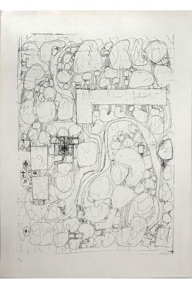 Hermann Nitsch, Entwurf einer unterirdischen Stadt, 1975, Siebdruck