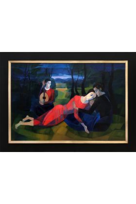 Otto Brunner, Paar mit Lautenspielerin im Wald, ca. 1970, Öl auf Leinwand, 95 x 65 cm