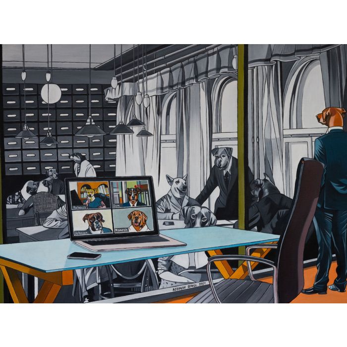Deborah Sengl, Aus der Serie "Shades of Gray", Büro, 2021, Acryl auf Leinwand, 60 x 80 cm