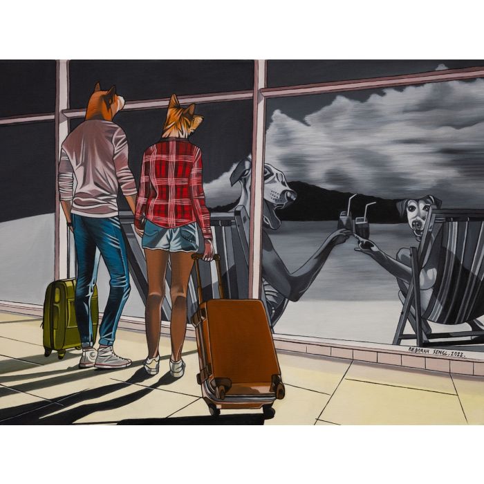 Deborah Sengl, Aus der Serie "Shades of Gray", Flughafen, 2021, Acryl auf Leinwand, 60 x 80 cm