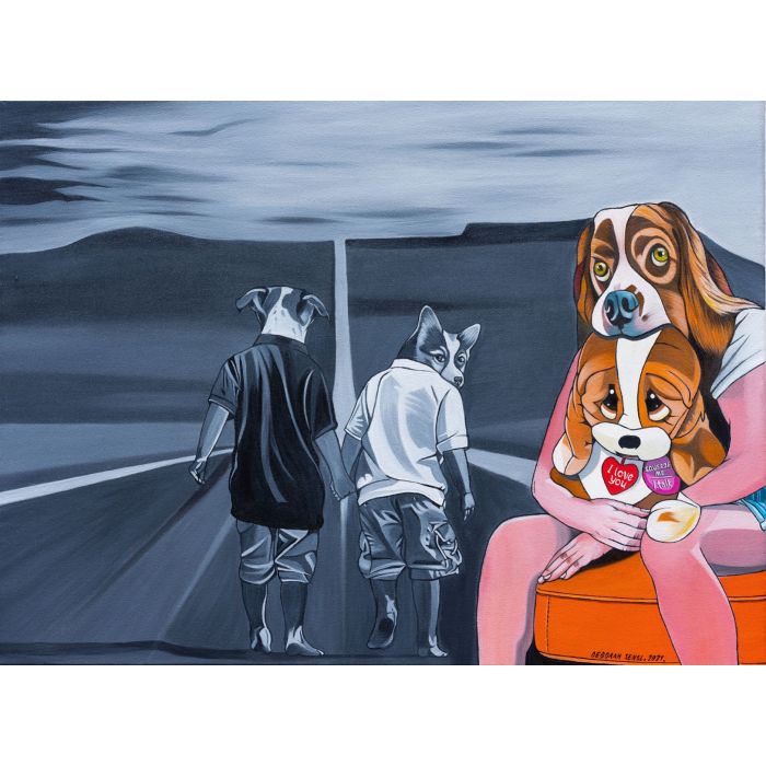 Deborah Sengl, Aus der Serie "Shades of Gray", Kinder, 2021, Acryl auf Leinwand, 60 x 80 cm