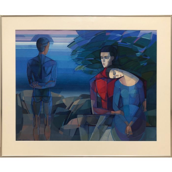 Otto Brunner, Paar mit Mann am Meer, ca. 1970, Tempera, 72 x 57 cm